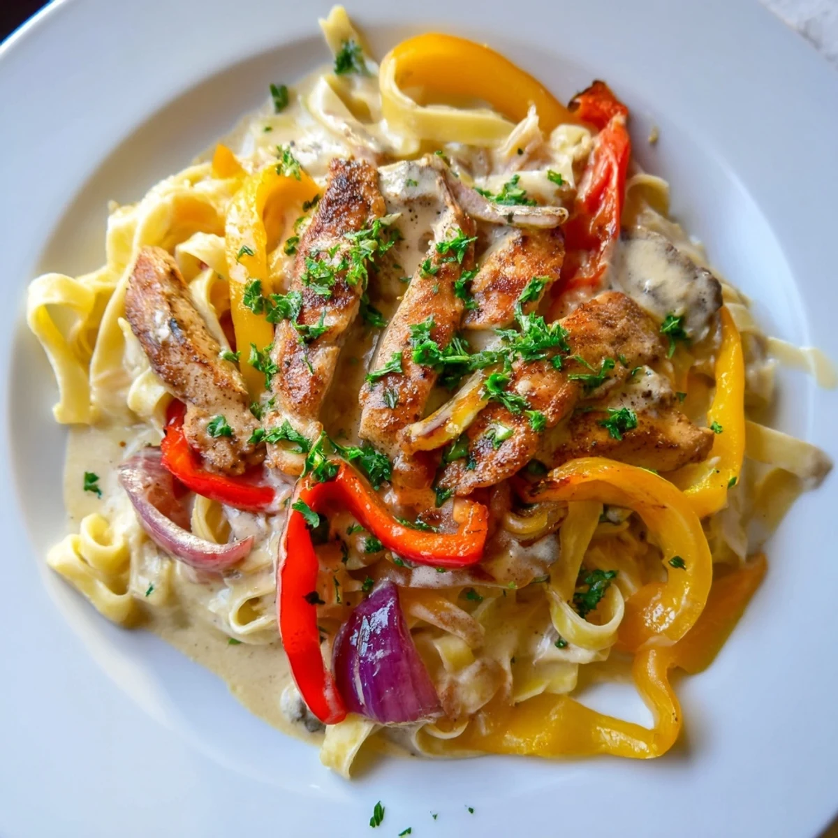 Golden-brown Cajun Chicken Pasta with creamy sauce is twirled on a fork beside a plate of sautéed peppers.