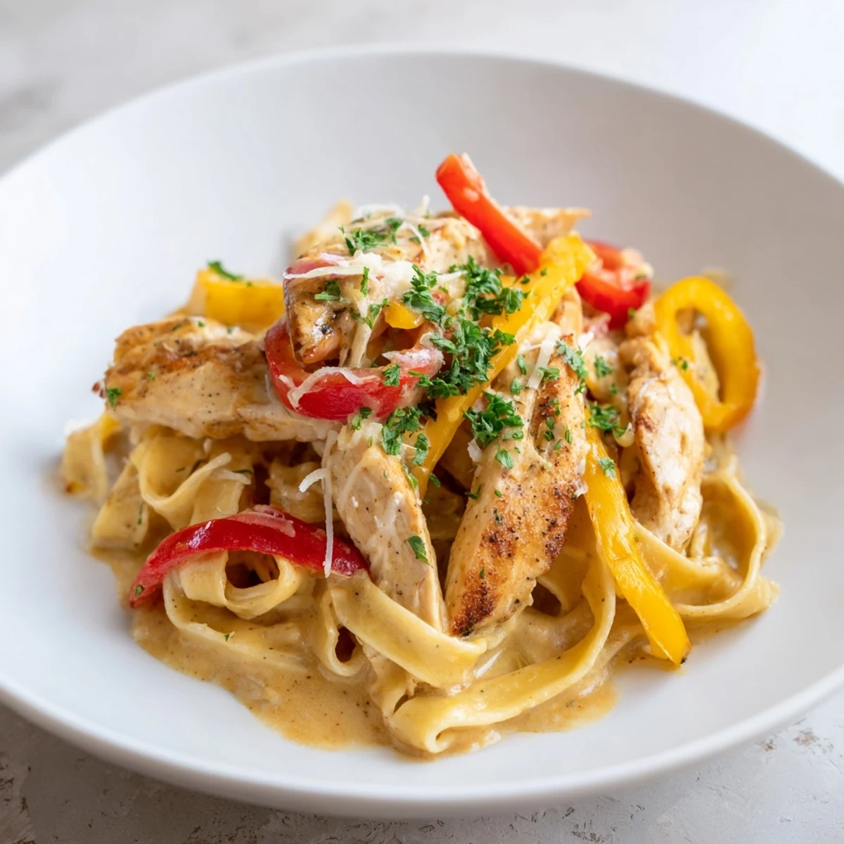 Plated Cajun Chicken Pasta topped with fresh parsley and extra Parmesan cheese for serving.