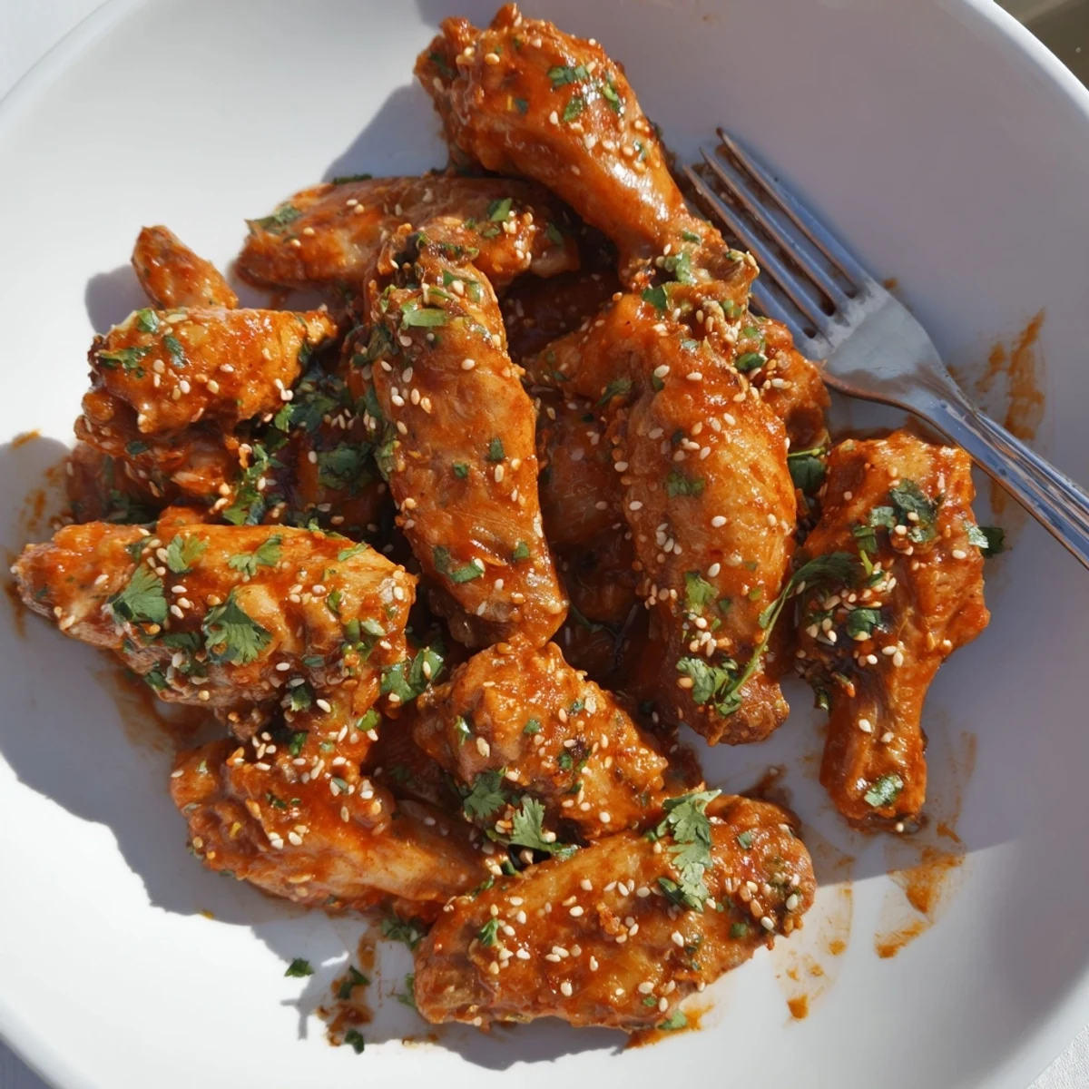 Golden baked Spicy Sriracha Chicken Wings glisten with a fiery orange sauce and fresh cilantro garnish on a platter.