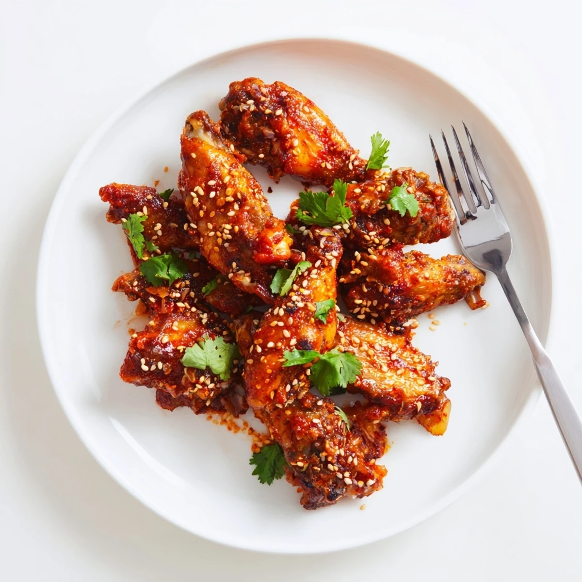 A serving bowl of Spicy Sriracha Chicken Wings features crispy baked wings tossed in a sticky glaze with sesame seeds.