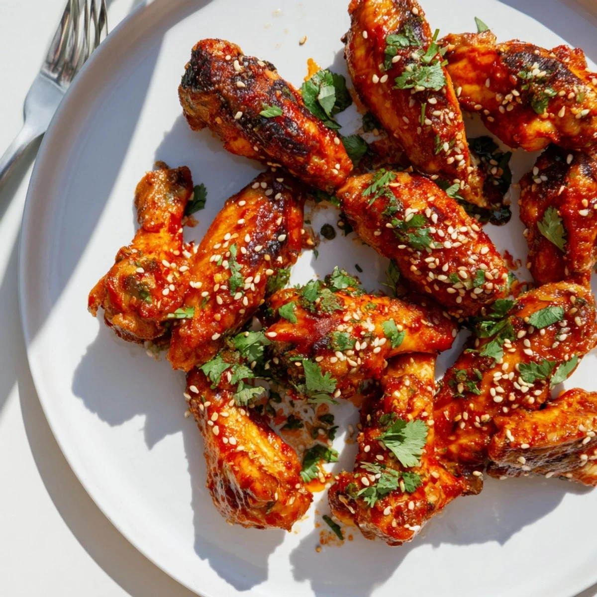 Close-up of Spicy Sriracha Chicken Wings showing caramelized edges and a side of lime wedges ready for game day snacking.