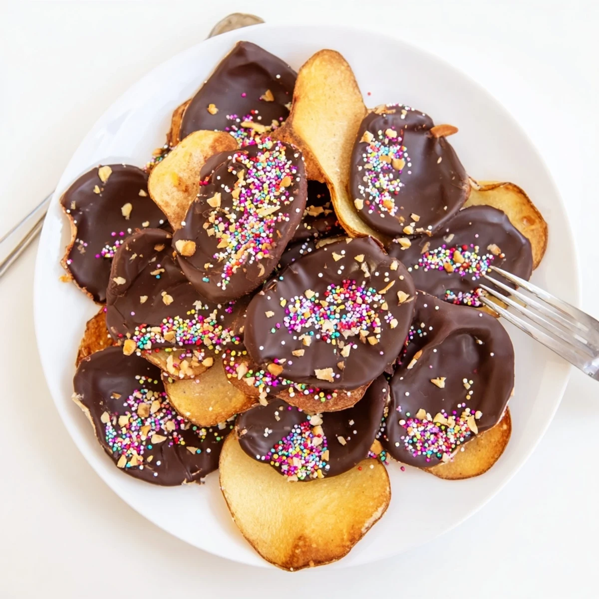 Crispy chocolate covered potato chips topped with flaky sea salt and chopped almonds on a parchment-lined baking sheet.