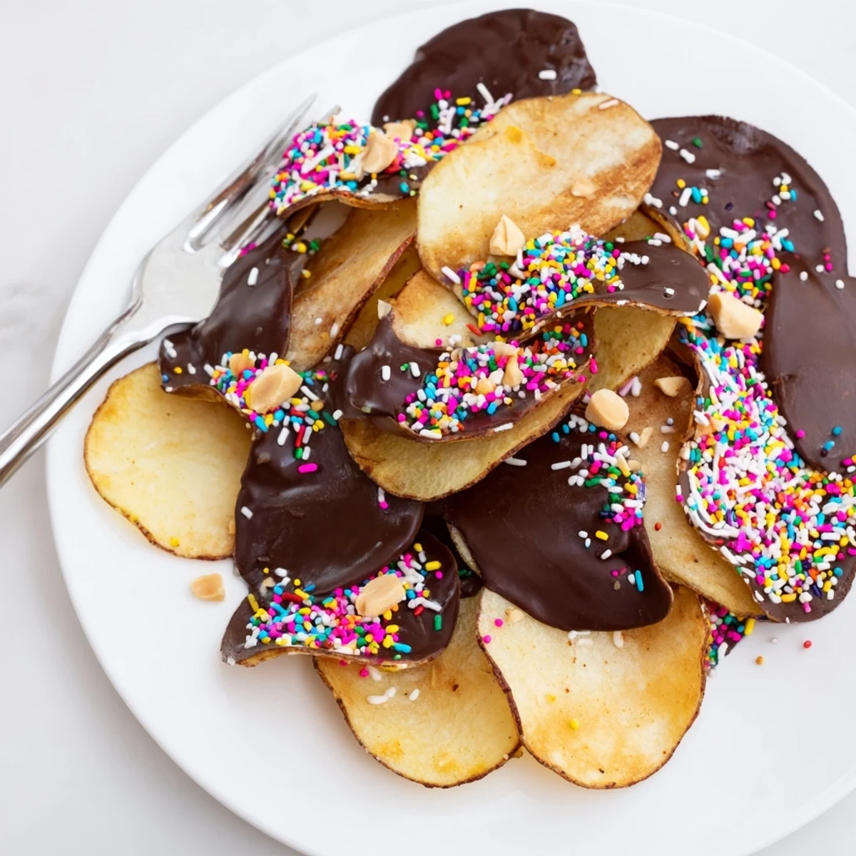 Assorted chocolate covered potato chips dipped halfway in dark chocolate with rainbow sprinkles for a sweet and salty treat.