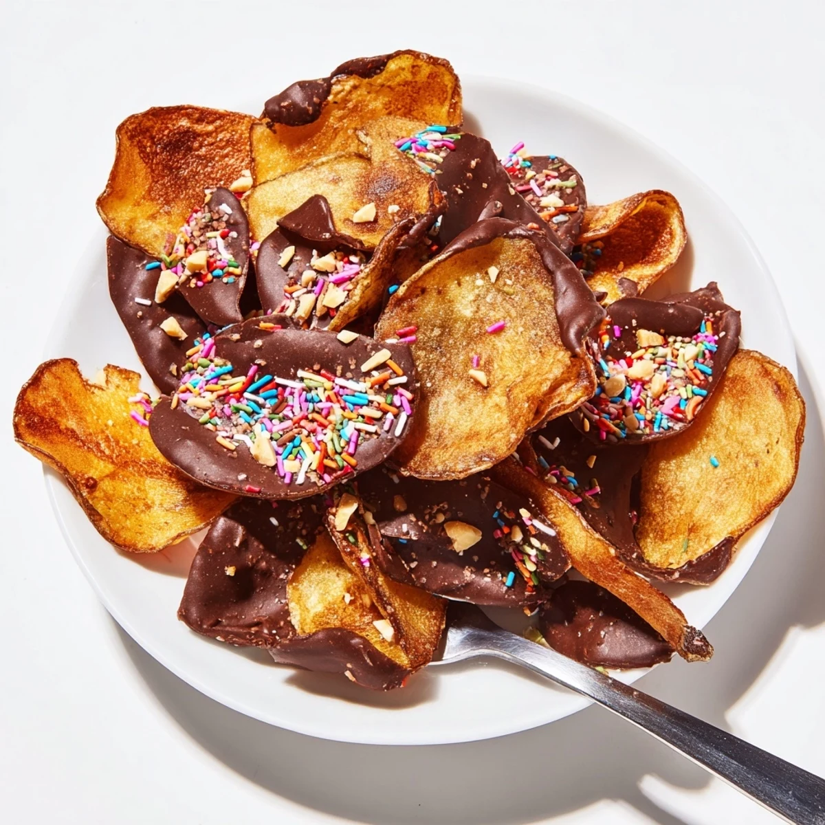 Four golden chocolate covered potato chips stacked and ready to serve with sparkling wine on the side for a fun snack.