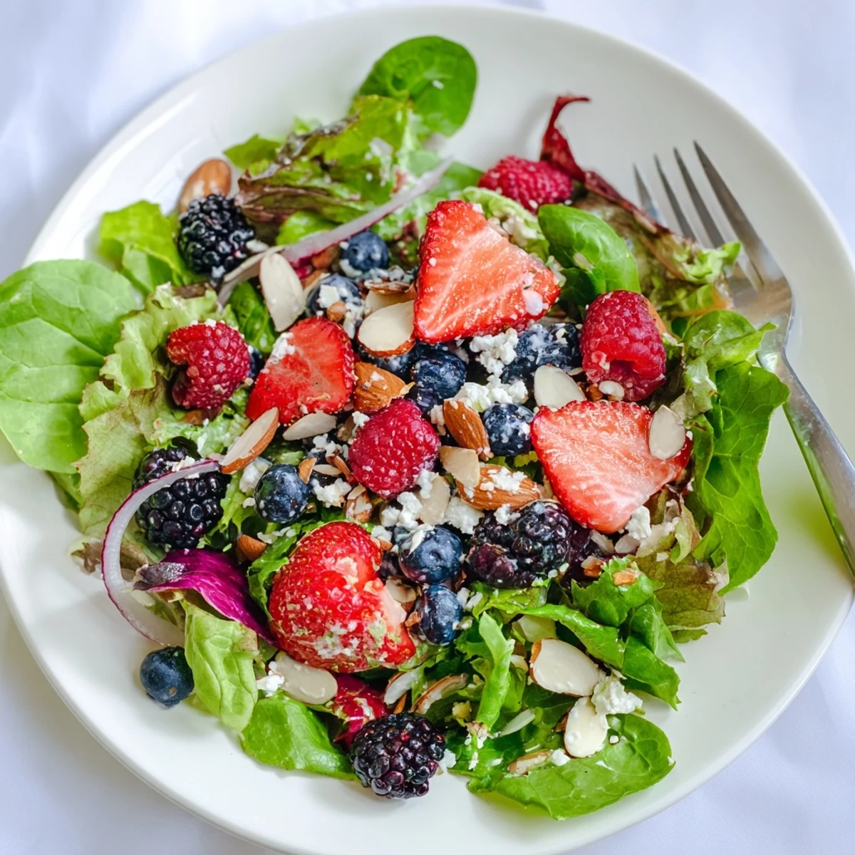 Vibrant summer Berry Salad with Poppy Seed Dressing featuring berries, feta, almonds, and red onion served in a white ceramic bowl.
