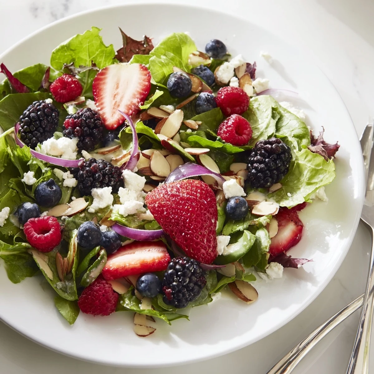 A bowl of Berry Salad with Poppy Seed Dressing ready to serve, showing juicy raspberries, blackberries, and a honey-kissed dressing.