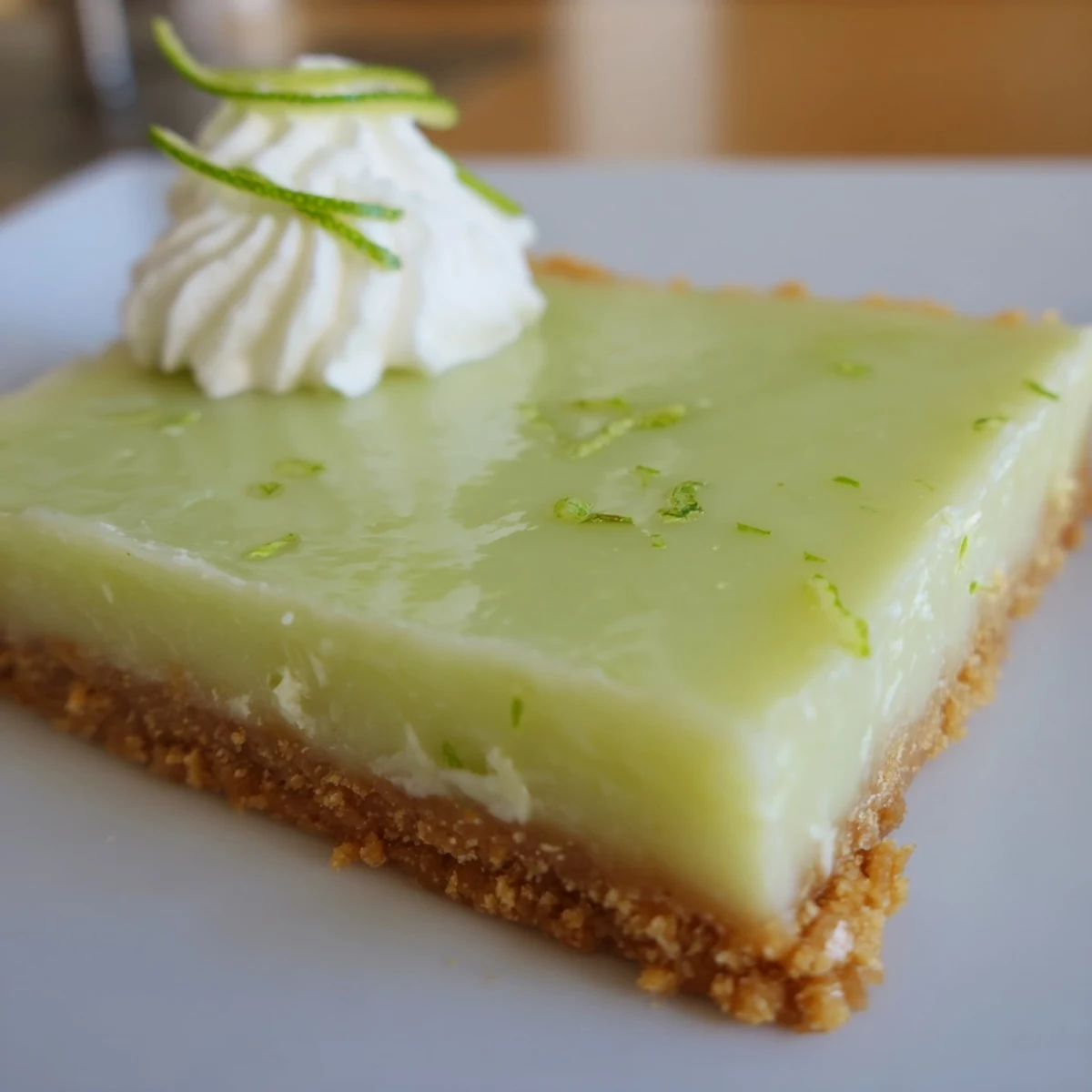 A close-up of chilled Key Lime Pie Bars on a plate, showing the smooth green filling and crumbly graham cracker crust, garnished with lime zest.