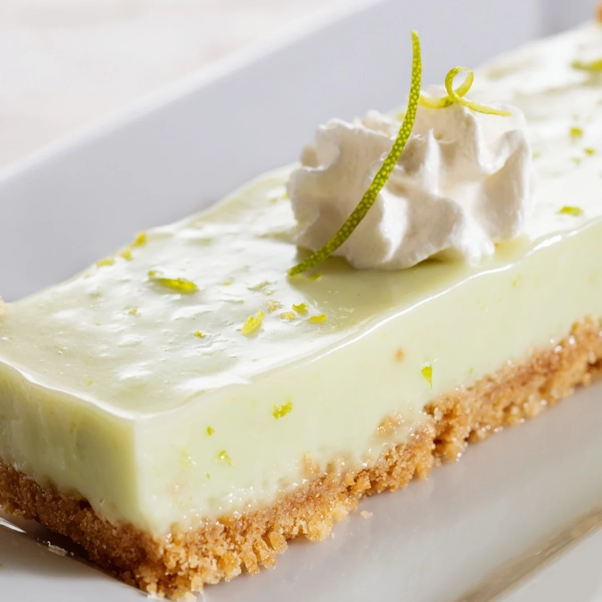 Sliced Key Lime Pie Bars arranged on a white plate, ready to serve, with fresh lime slices and a light dusting of powdered sugar.
