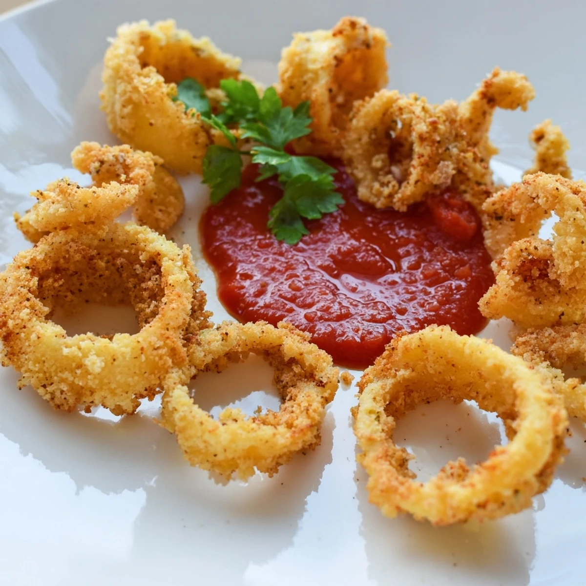 Golden-fried calamari rings piled high next to a vibrant bowl of zesty marinara sauce, garnished with fresh parsley and lemon wedges.