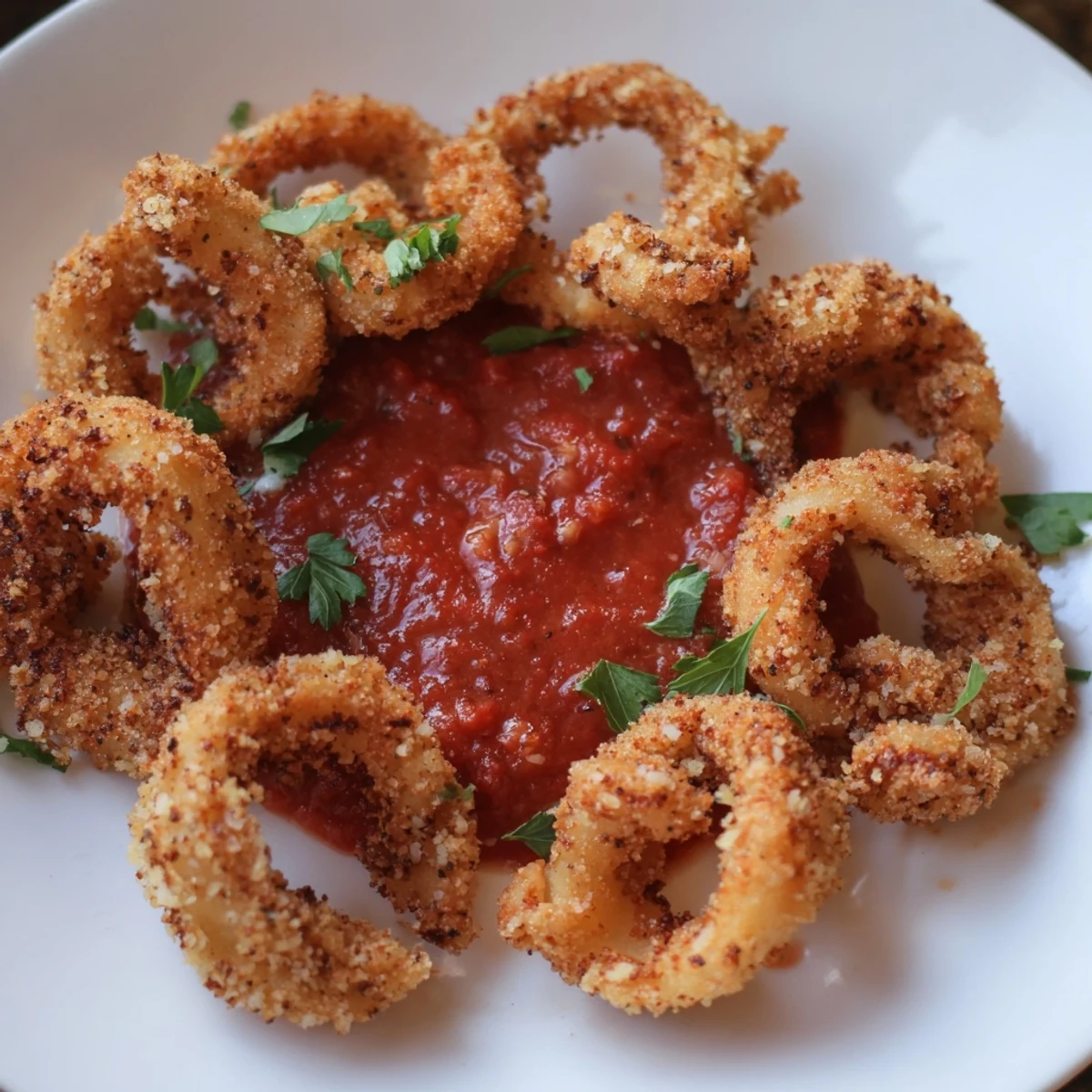 A close-up of Crispy Calamari with Marinara Dipping Sauce, highlighting the crunchy texture and the rich, tomato-based Italian appetizer ready for dipping.