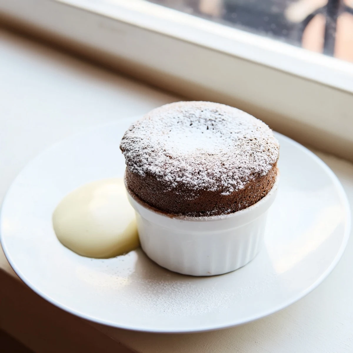 Freshly baked chocolate soufflé rising in ramekins, topped with powdered sugar and served with warm vanilla crème anglaise.  