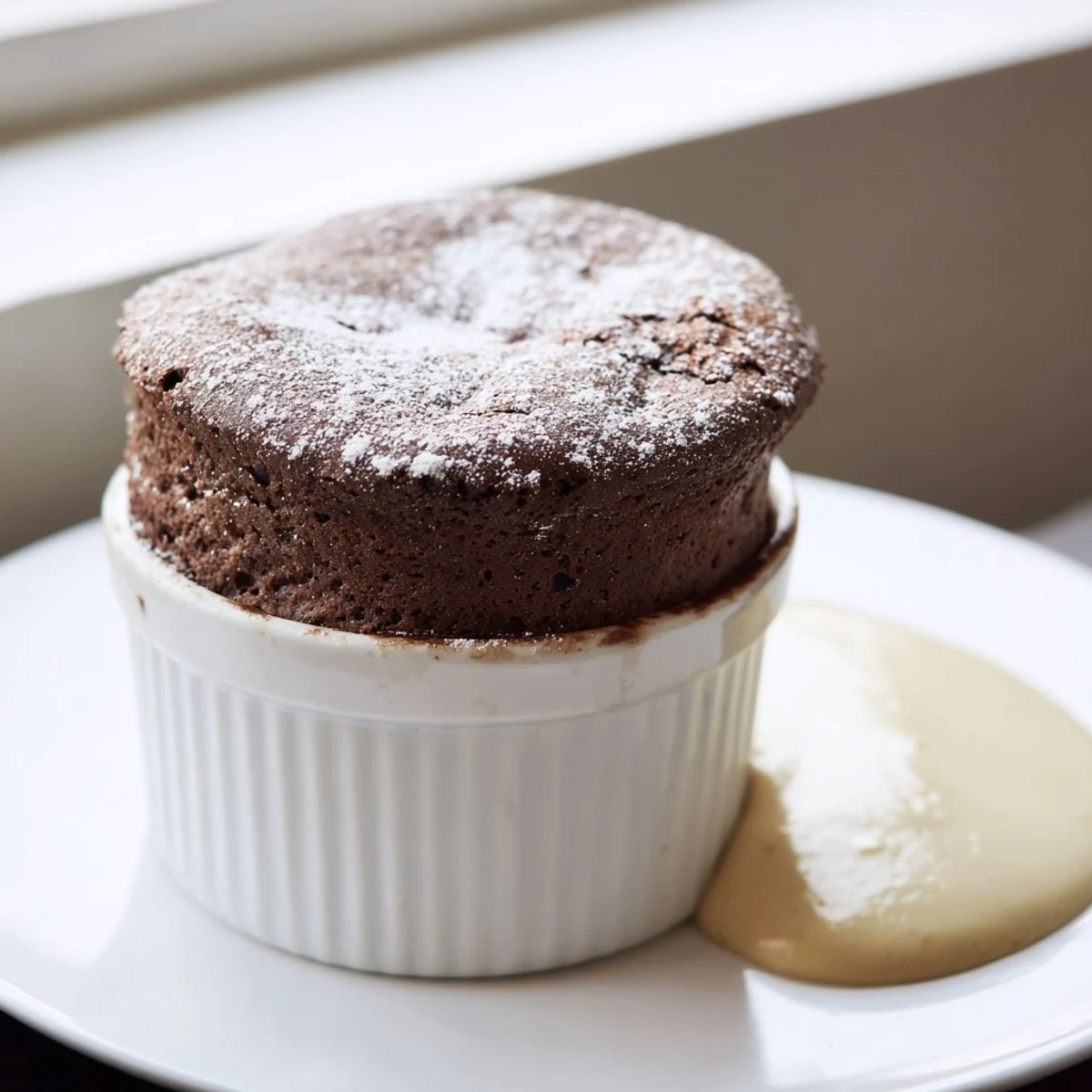 Golden-brown chocolate soufflé with a delicate crack on top, drizzled with silky vanilla custard sauce for an elegant dessert.  