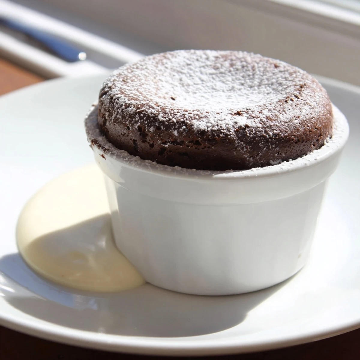 Just-out-of-oven chocolate soufflé, airy and tender, paired with a small pitcher of homemade vanilla crème anglaise.