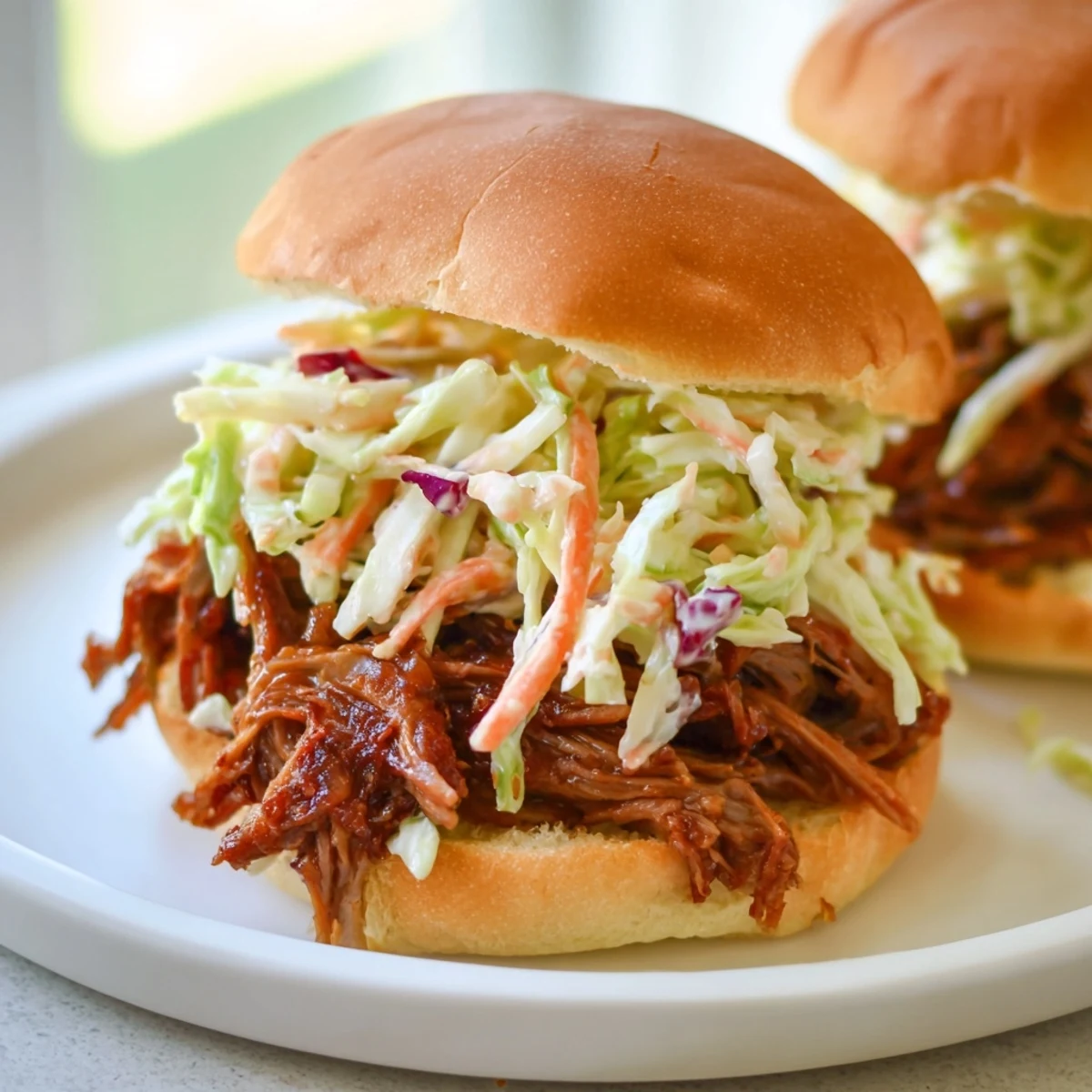 Golden-brown, slow-cooked beef brisket shredded and piled onto soft slider buns, drizzled with tangy BBQ sauce and topped with crisp, colorful homemade slaw.