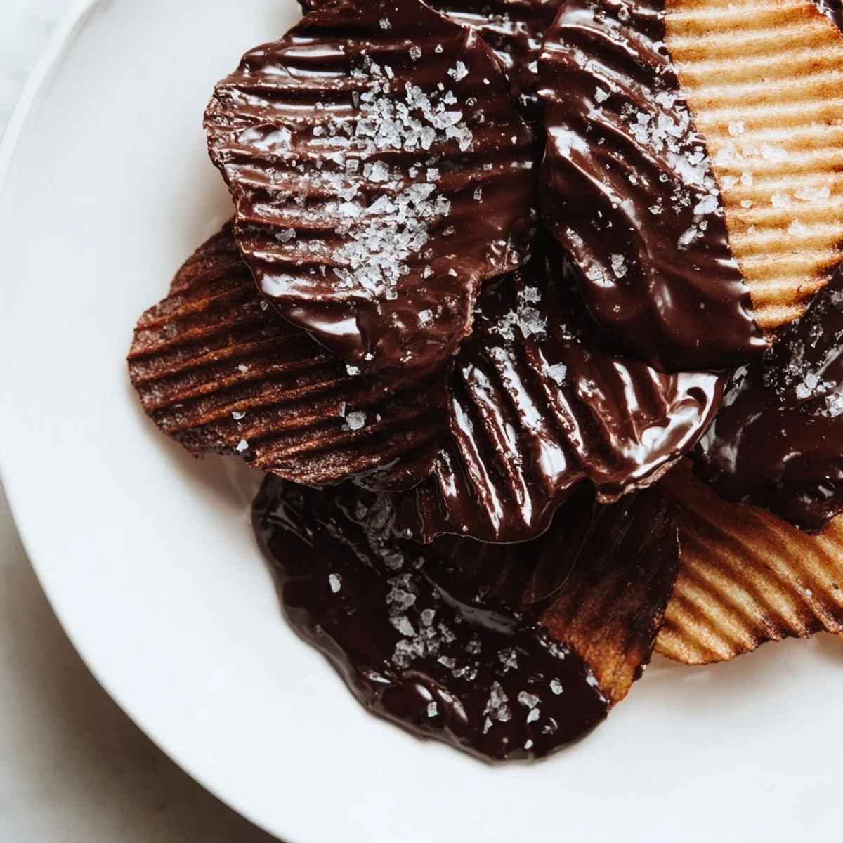Crispy kettle-cooked potato chips dipped in glossy dark chocolate, sprinkled with flaky sea salt for a sweet-salty treat.  