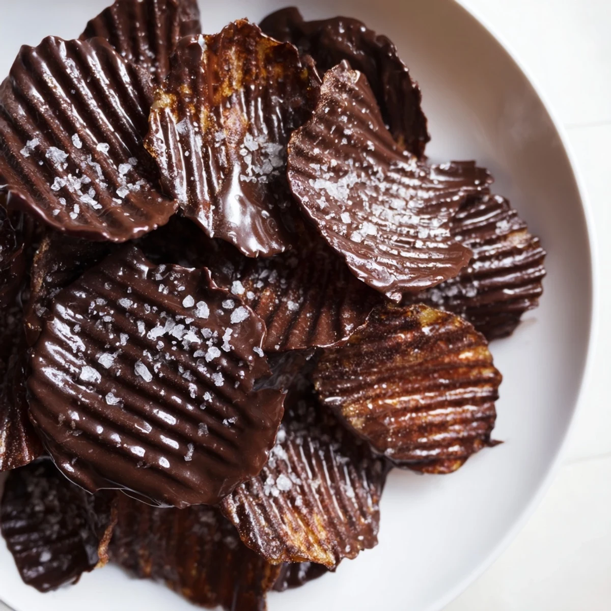 Homemade chocolate-covered potato chips glistening with melted chocolate, paired with a sprinkle of crunchy sea salt for a perfect snack.