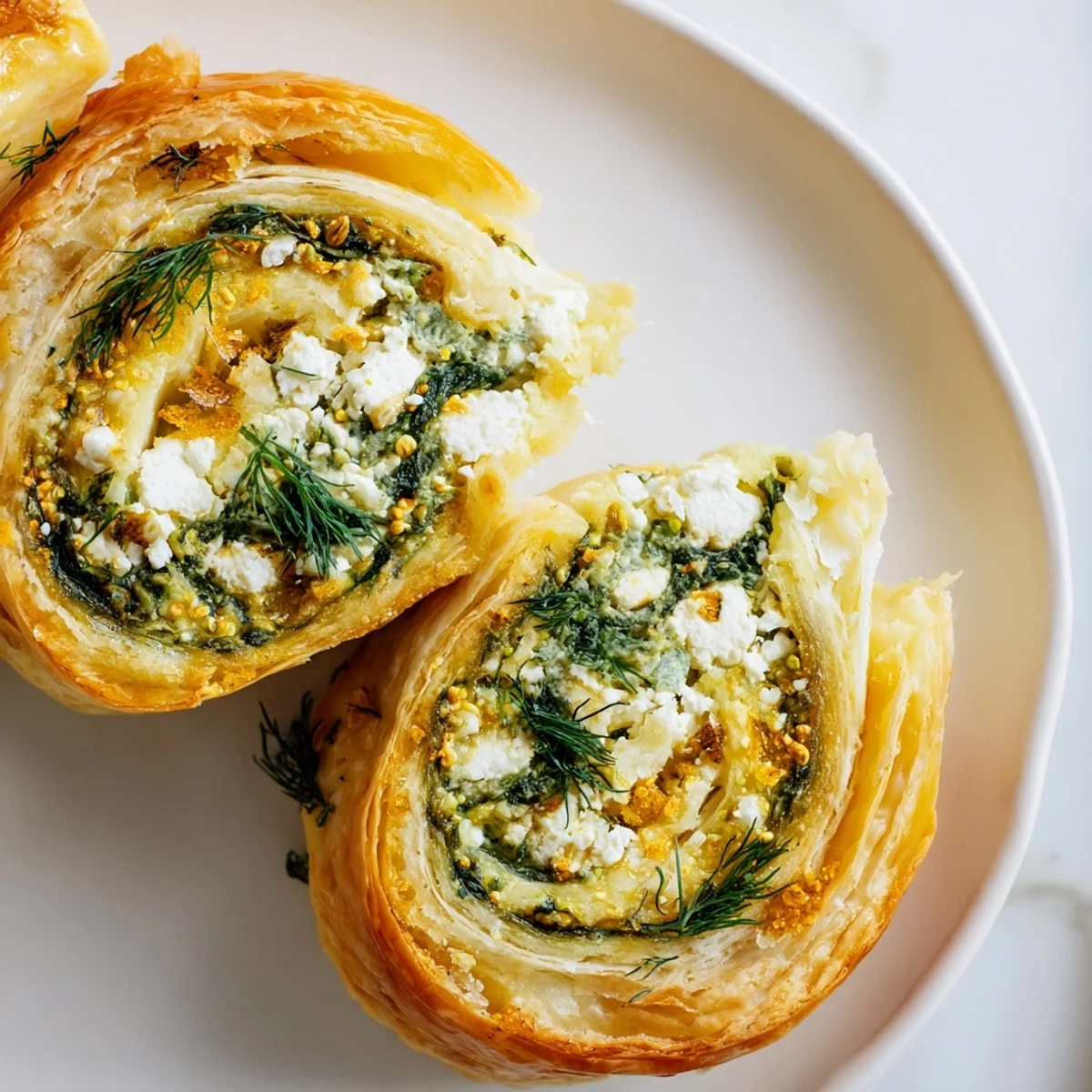 Freshly baked Spinach and Feta Puff Pastry Pinwheels with golden, flaky layers are arranged on a white plate, ready to be served as a savory party appetizer.  