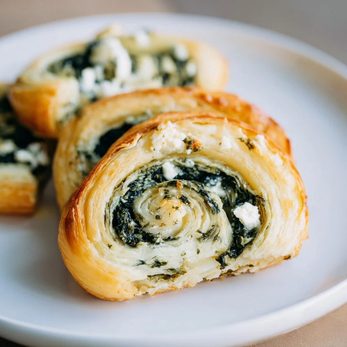 A close-up view shows the vibrant green spinach and creamy white feta cheese filling inside the crispy, golden-brown spirals of the puff pastry pinwheels.  