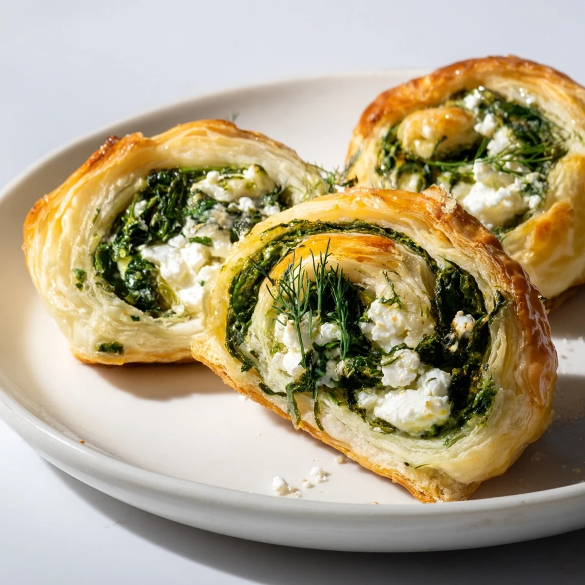 Savory Spinach and Feta Puff Pastry Pinwheels cooling on a wire rack, featuring a perfect golden exterior and a rich, herby Mediterranean flavor profile.