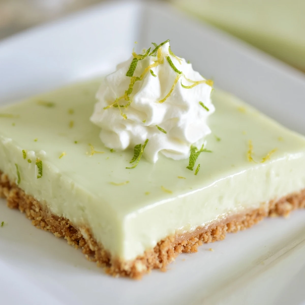 A close-up of chilled Key Lime Pie Bars with whipped cream and lime slices, perfect for a summer dessert spread.  