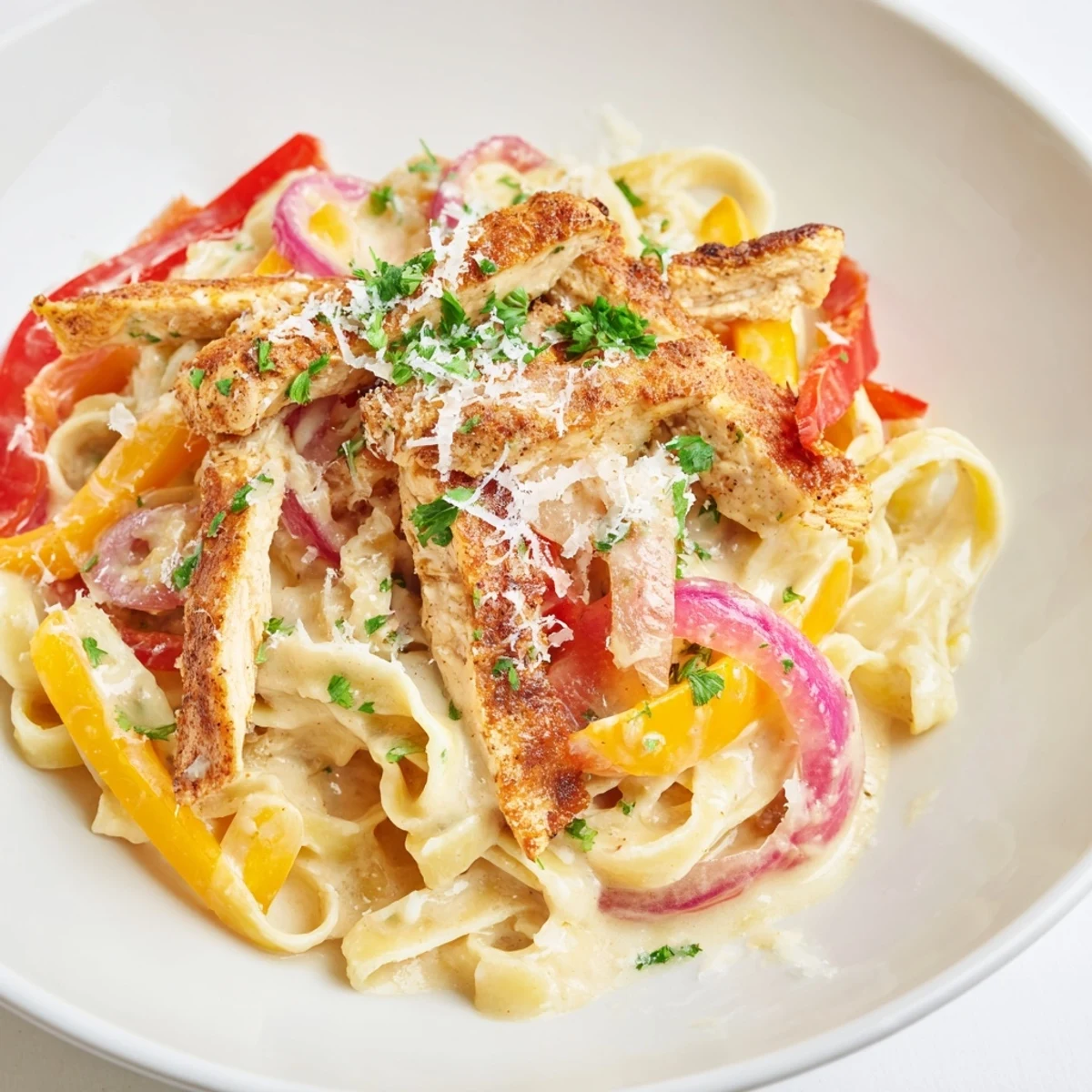 Cajun Chicken Pasta with Creamy Sauce served in a skillet, featuring tender sliced chicken, colorful bell peppers, and fettuccine tossed in a rich Parmesan sauce.