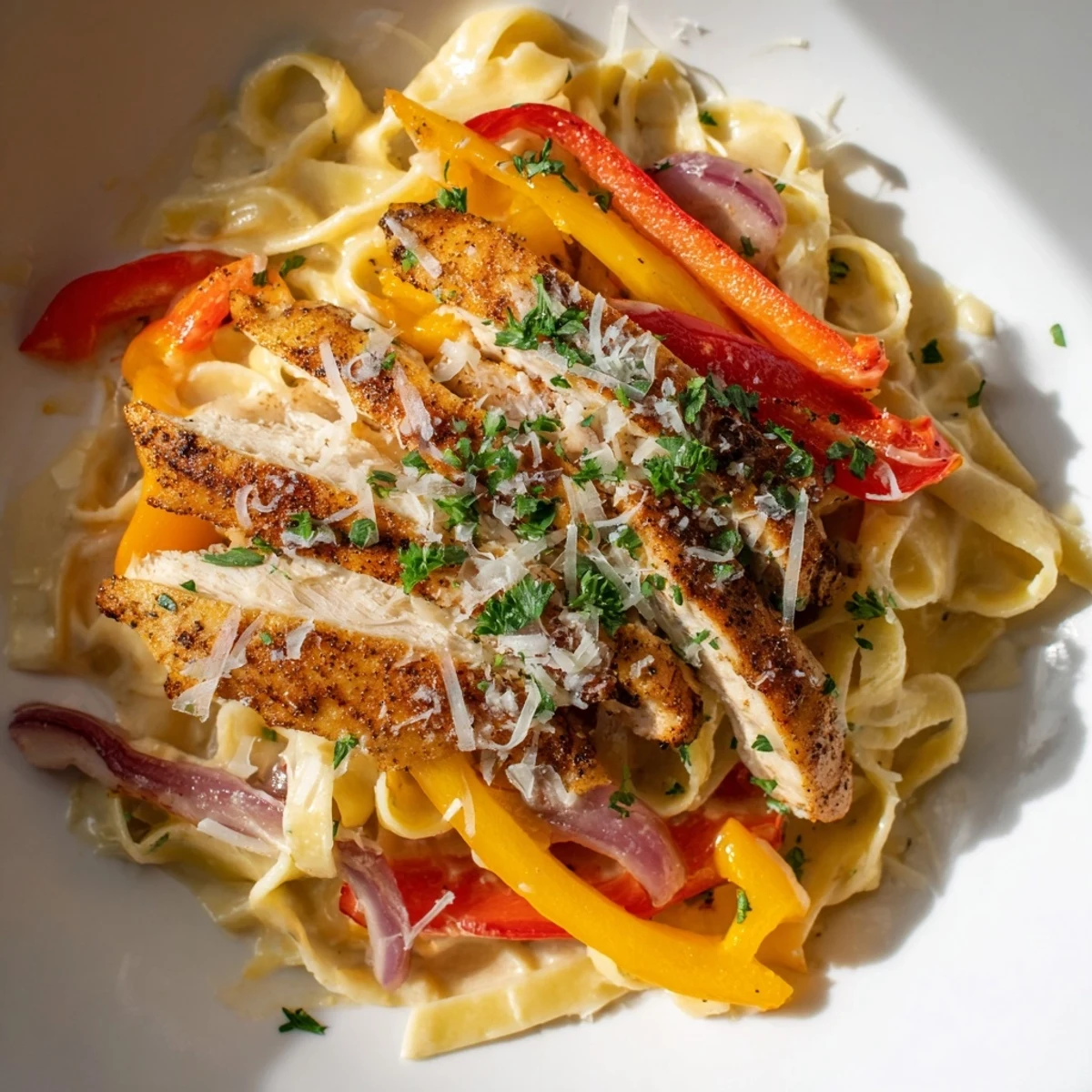 A close-up of Cajun Chicken Pasta with Creamy Sauce, showing golden-seared chicken strips and sautéed peppers mingling with al dente pasta under a velvety sauce.