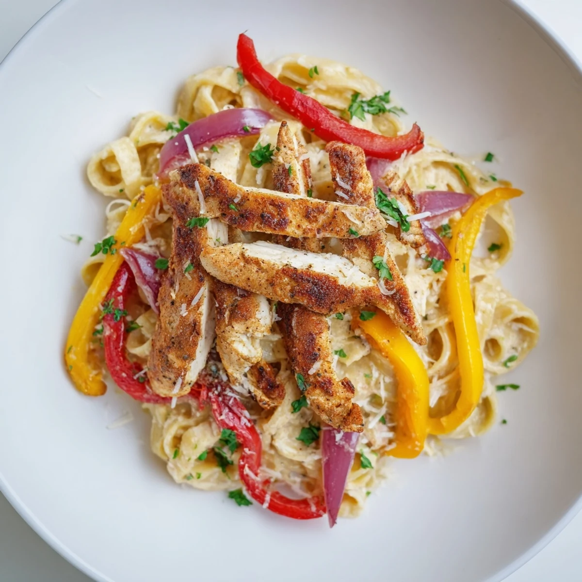 Cajun Chicken Pasta with Creamy Sauce plated with a sprinkle of fresh parsley and extra Parmesan, perfect for a comforting Southern-inspired weeknight dinner.