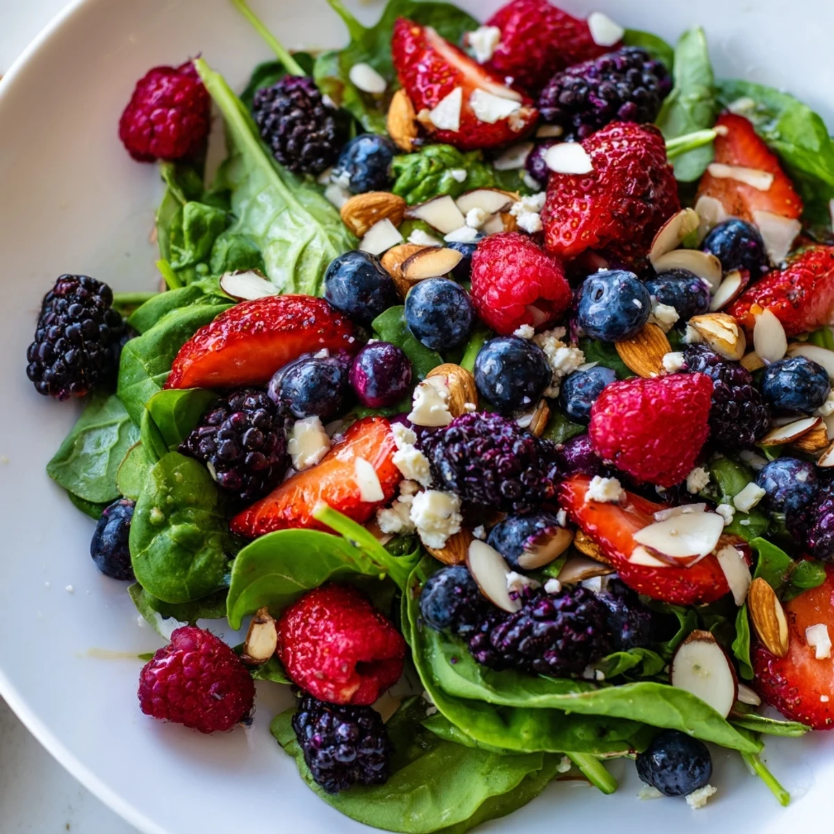 Vibrant mixed berry salad with strawberries, blueberries, and raspberries tossed over crisp greens, drizzled with tangy-sweet poppy seed dressing.  