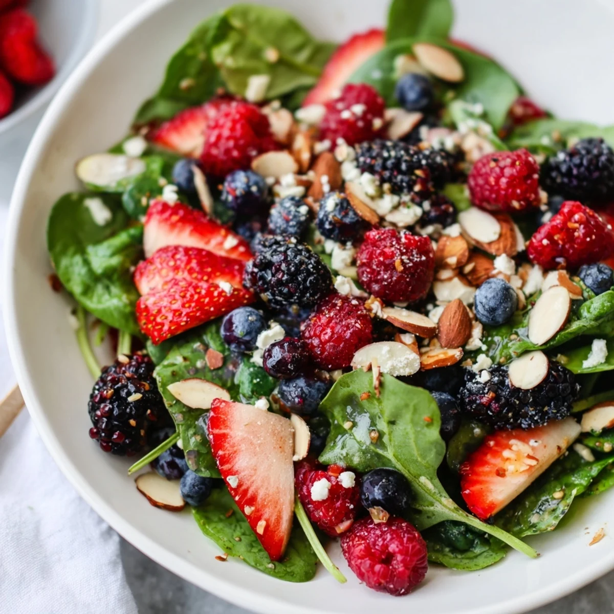 A bowl of fresh berry salad with poppy seed dressing topped with toasted almonds and optional feta, served as a refreshing summer starter.  