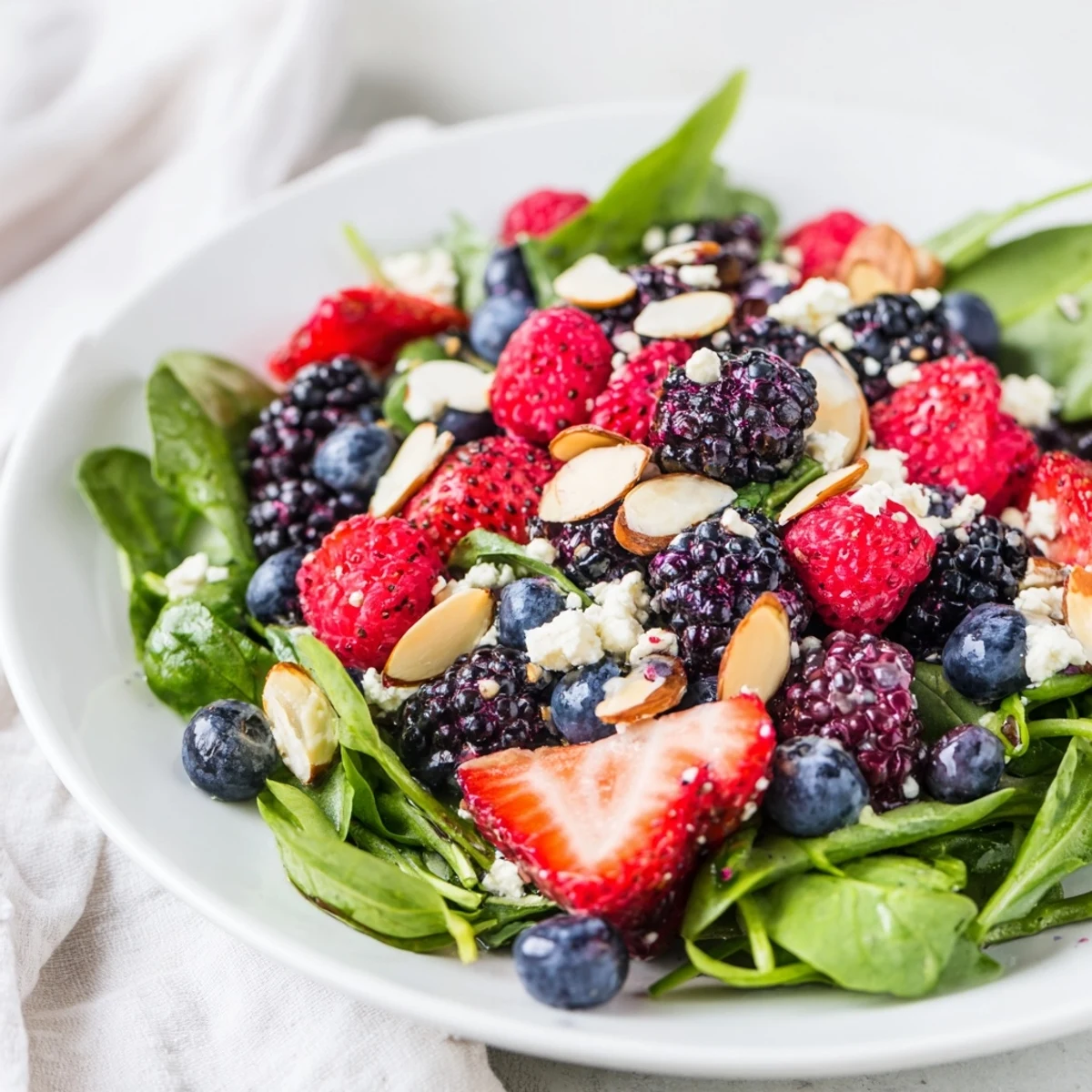 Colorful berry salad with poppy seed dressing featuring juicy berries, crunchy nuts, and creamy feta on a bed of tender salad greens.