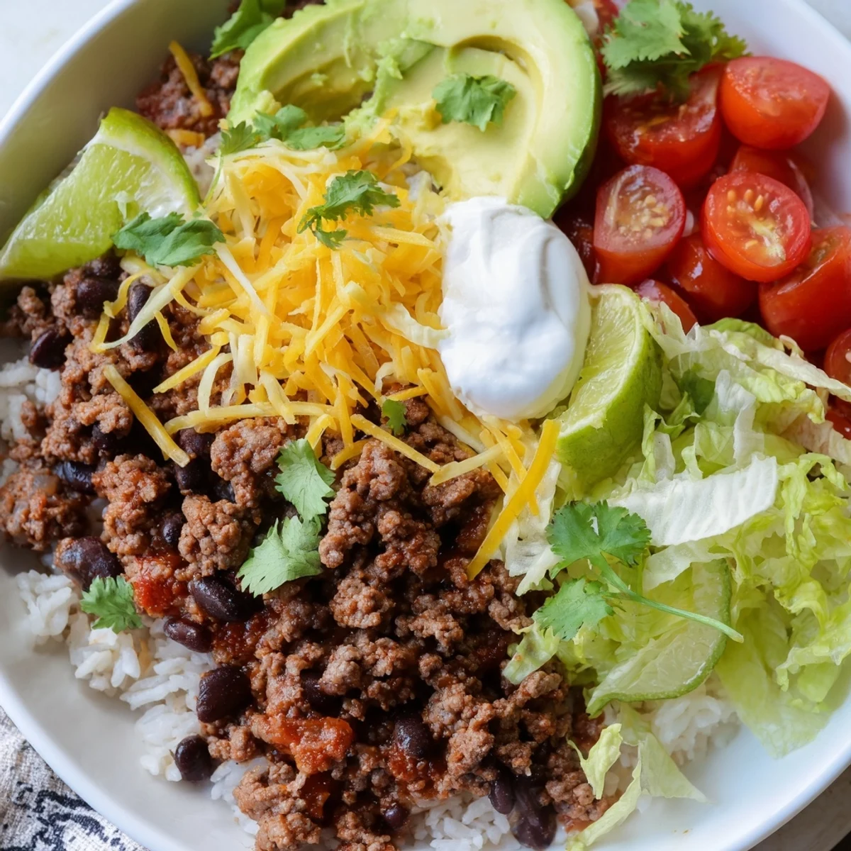 A hearty bowl of Beef Burrito Bowls with Rice and Beans, layered with seasoned ground beef, black beans, and fresh toppings.