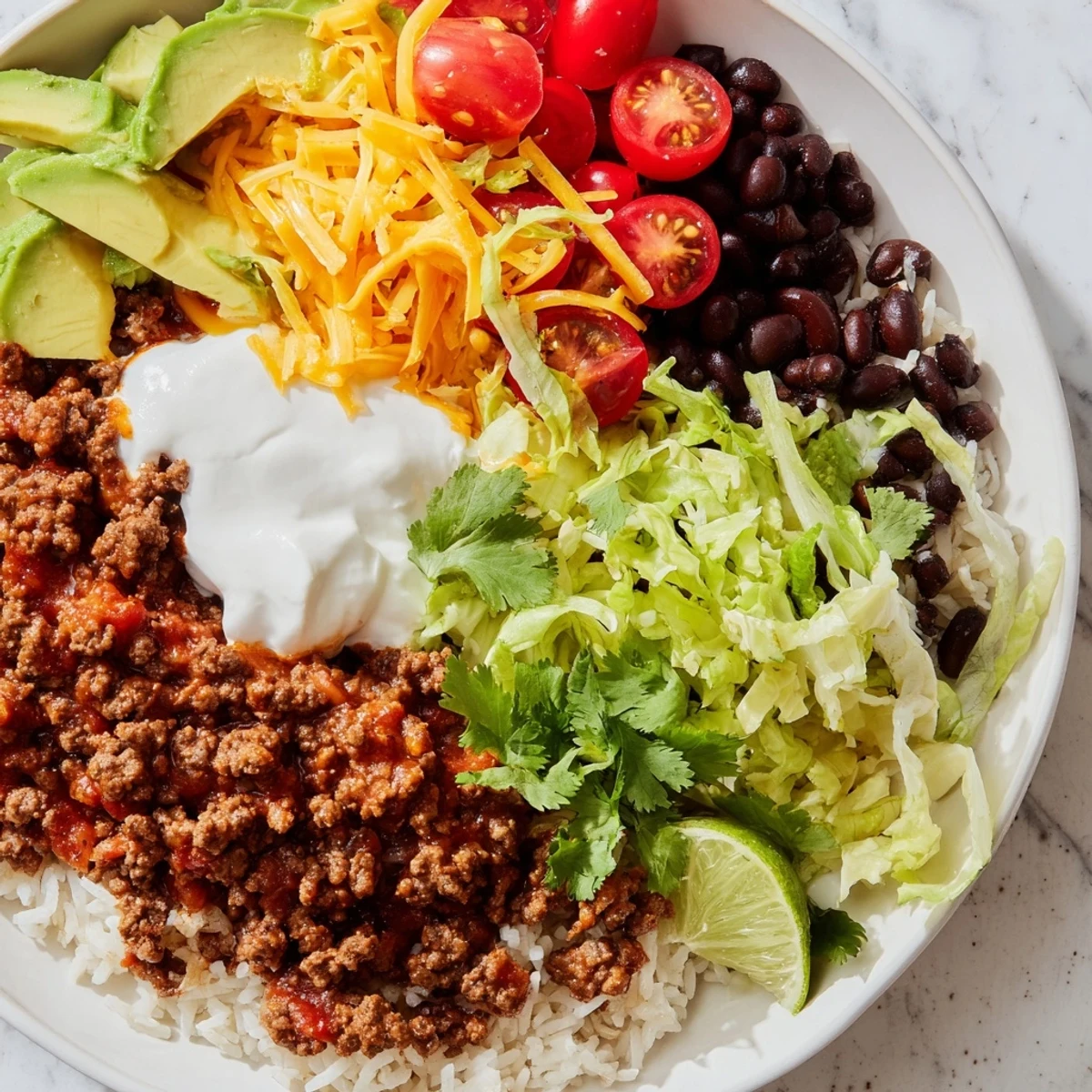 Fluffy rice and seasoned beef share the spotlight in this vibrant Beef Burrito Bowl with fresh cilantro and lime.