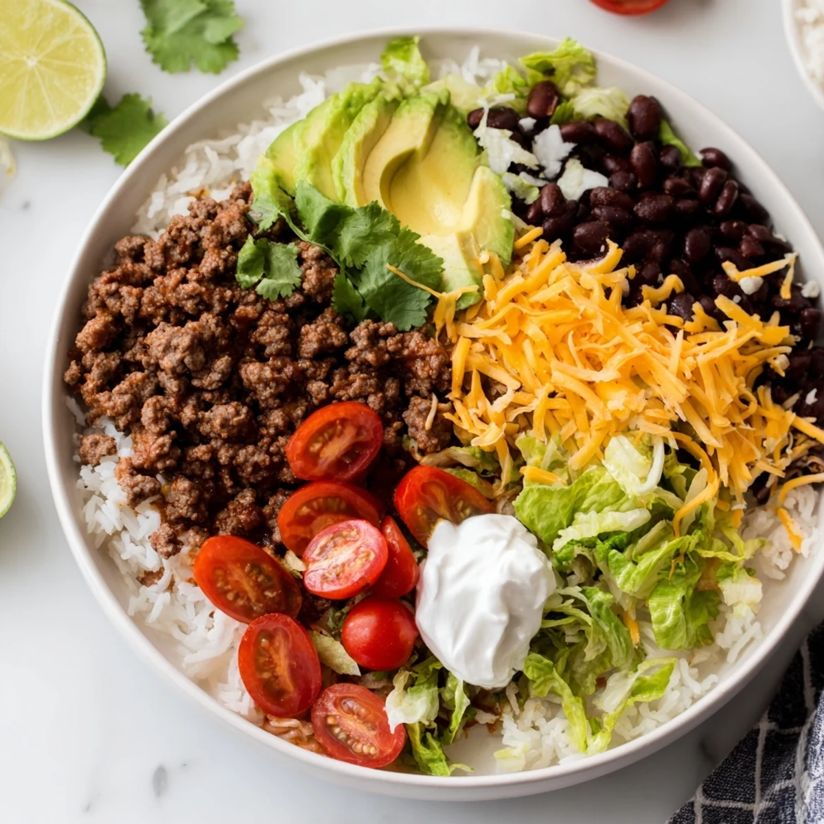 Topped with cheddar, sour cream, and avocado, this Beef Burrito Bowl is a colorful, family-friendly meal.