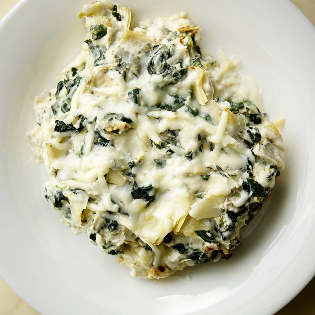 A spoonful of Creamy Spinach and Artichoke Dip reveals tender greens and artichokes in a rich, cheesy base.