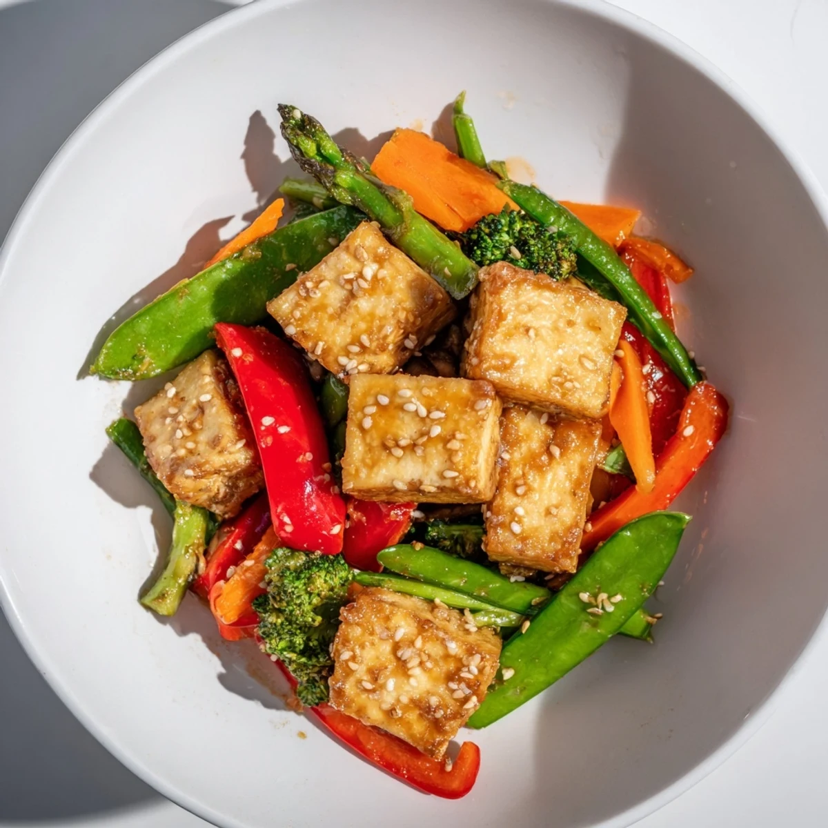 Crisp golden tofu cubes and colorful spring vegetables like asparagus and snap peas in a light, glossy sauce.  
