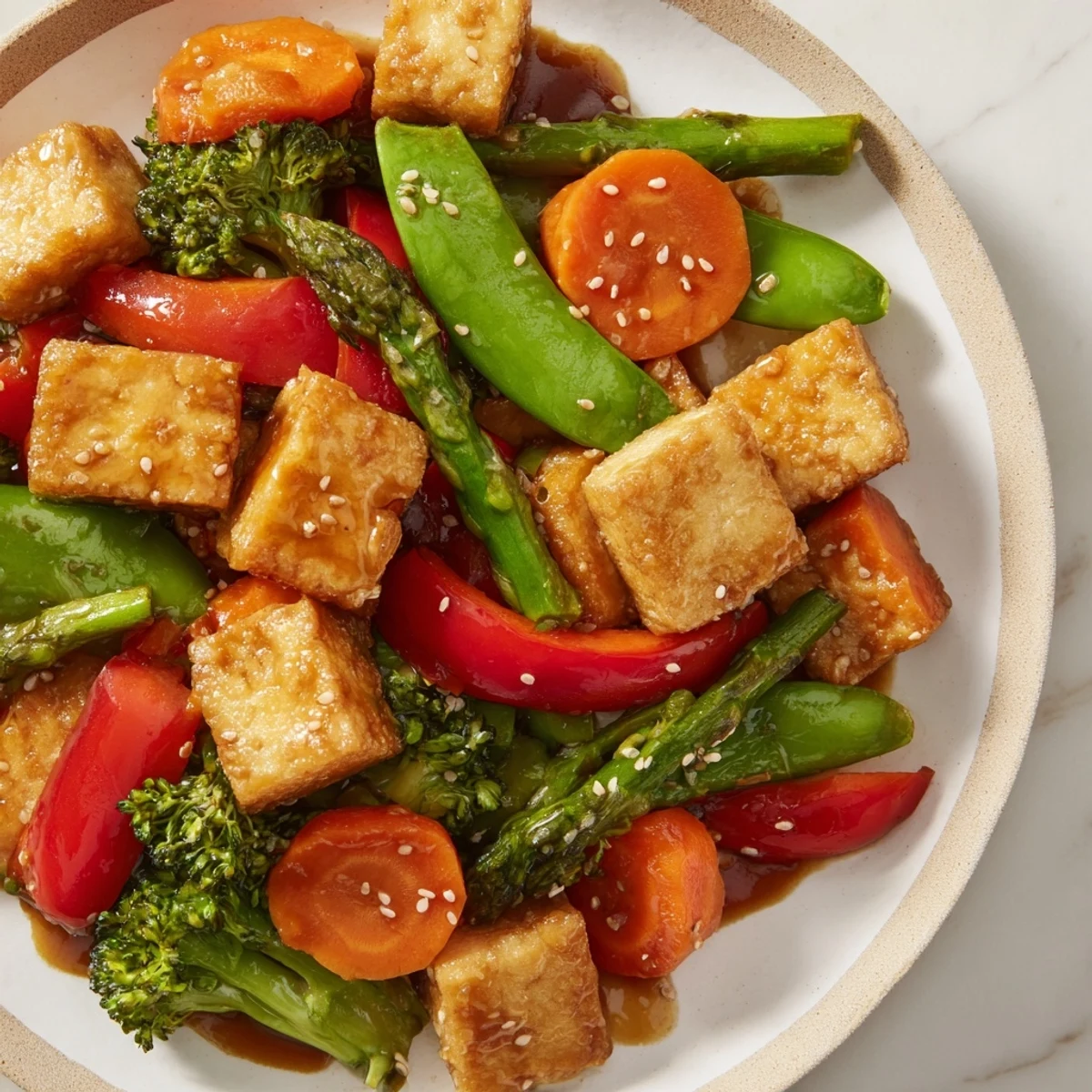 Vibrant medley of tofu and spring veggies tossed in a savory stir fry, garnished with toasted sesame seeds and herbs.