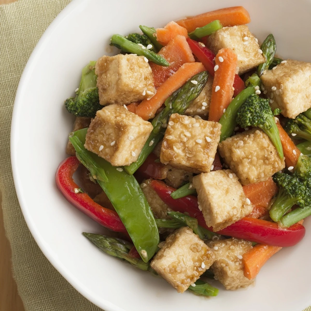 Freshly stir-fried Spring Vegetable Stir Fry with Tofu served hot in a white bowl for a healthy weeknight meal.  