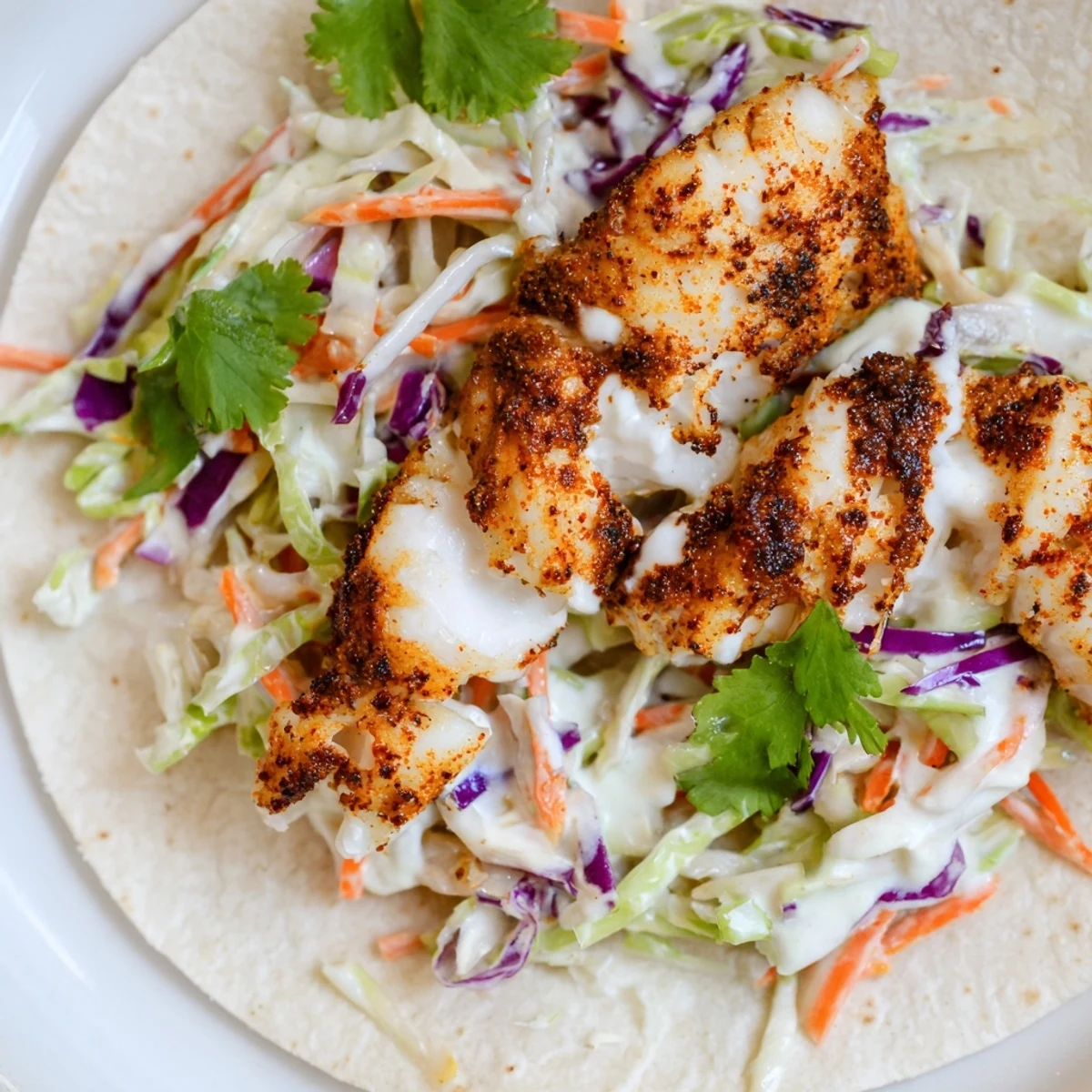 Pan-seared Cajun Spiced Fish Tacos with Slaw nestled in warm corn tortillas, garnished with fresh cilantro and lime wedges.  