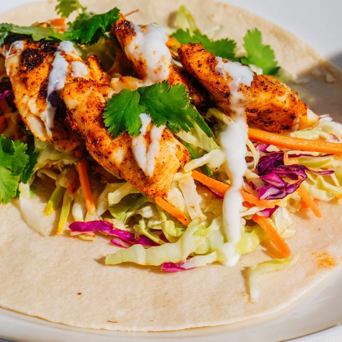 Cajun Spiced Fish Tacos with Slaw feature flaky white fish and crisp, tangy cabbage slaw on a soft tortilla.  