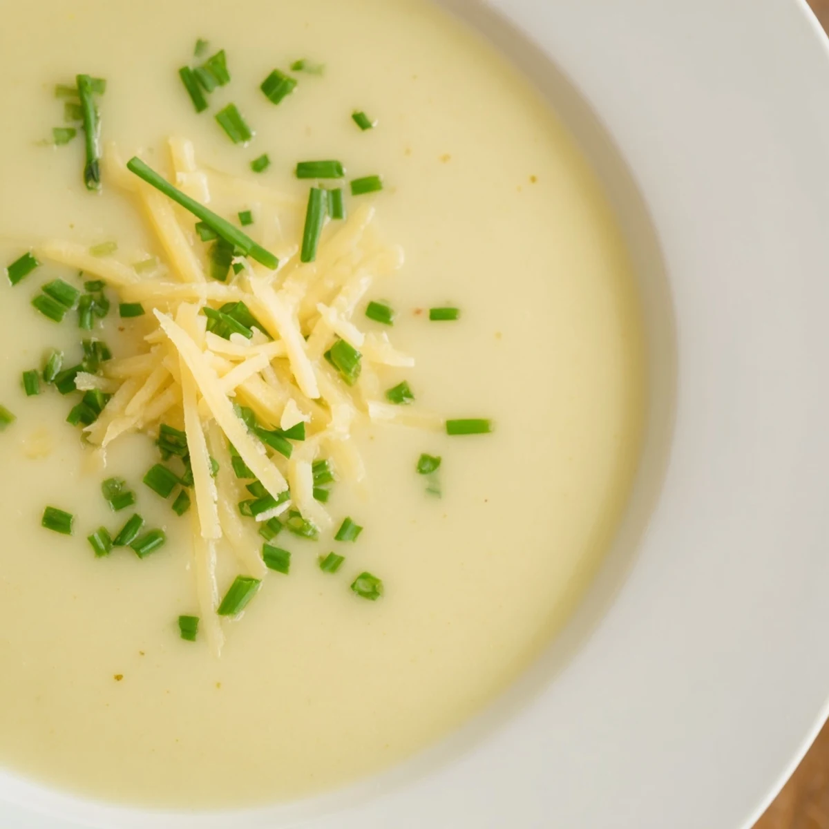 Creamy Irish Potato Leek Soup with Cheddar steams in a rustic bowl, topped with fresh chives and extra grated cheese.