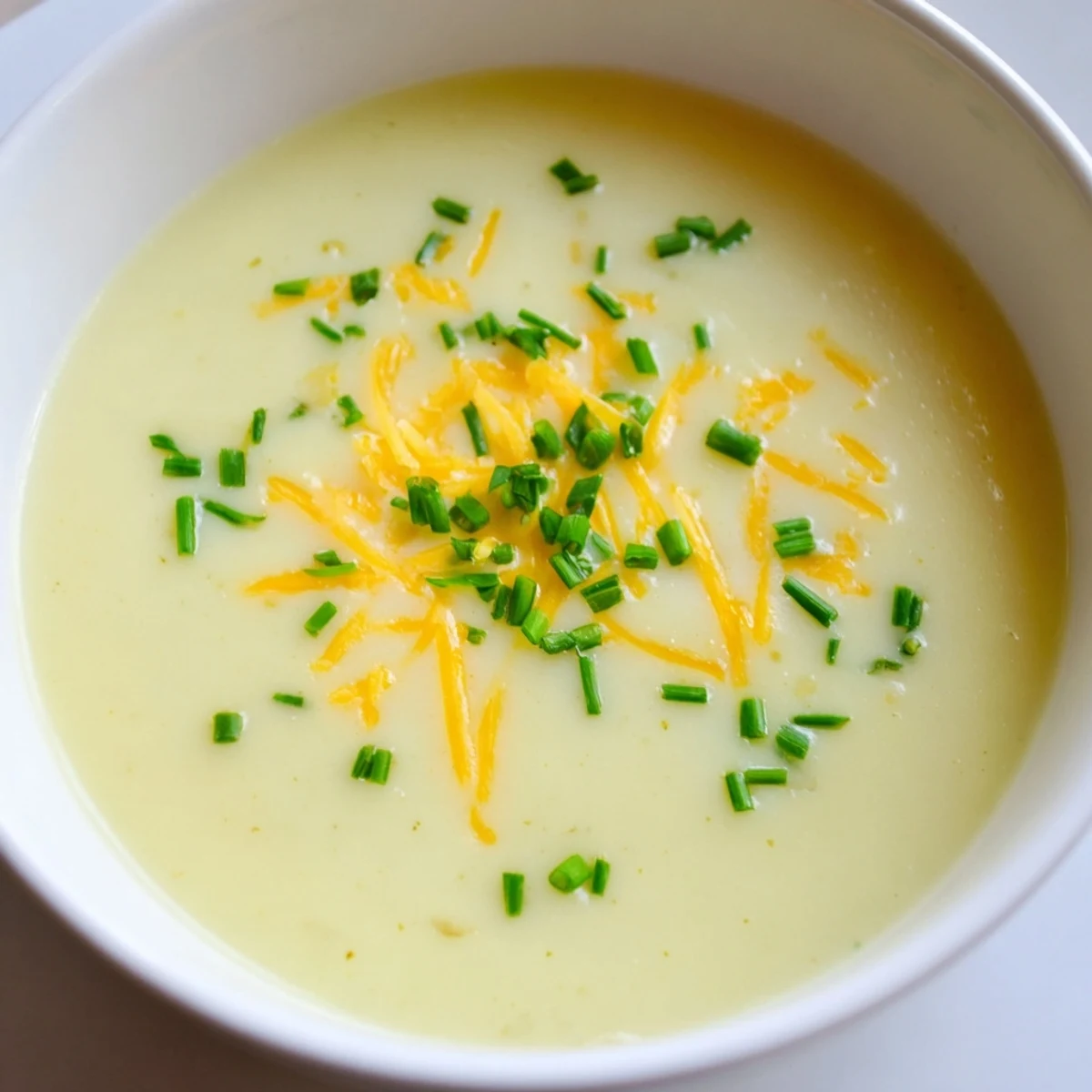 Vibrant Irish Potato Leek Soup with Cheddar served in a white ceramic bowl, garnished with chives for a fresh pop.