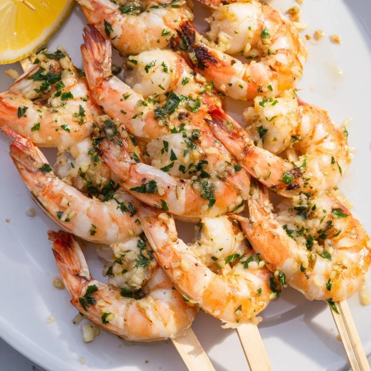 Close-up of Lemon Garlic Shrimp Skewers highlighting the glistening marinade and grilled texture.