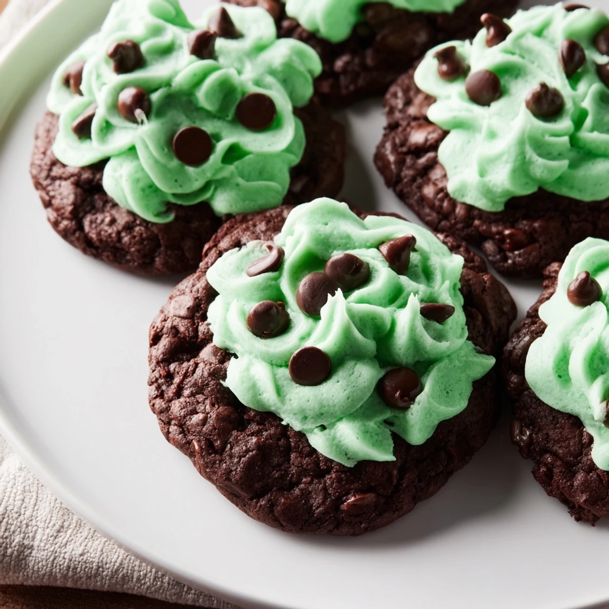 Chocolate cookies with mint-infused green frosting are displayed on a marble surface, creating a refreshing and elegant dessert presentation.