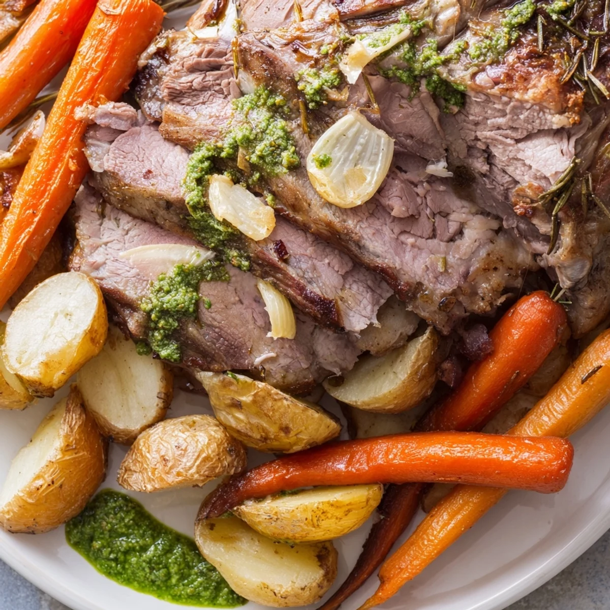 Close-up of tender, rosemary-crusted roasted leg of lamb sliced to reveal a juicy, medium-rare interior.  