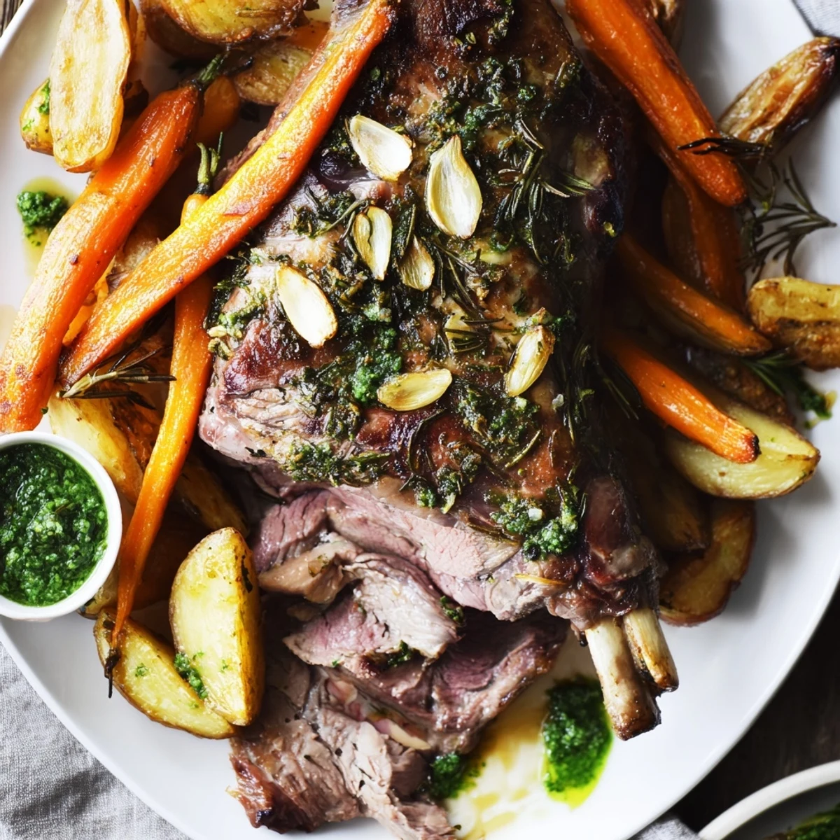 A golden-brown roasted leg of lamb with mint sauce sits beside herb-roasted root vegetables on a rustic table.  