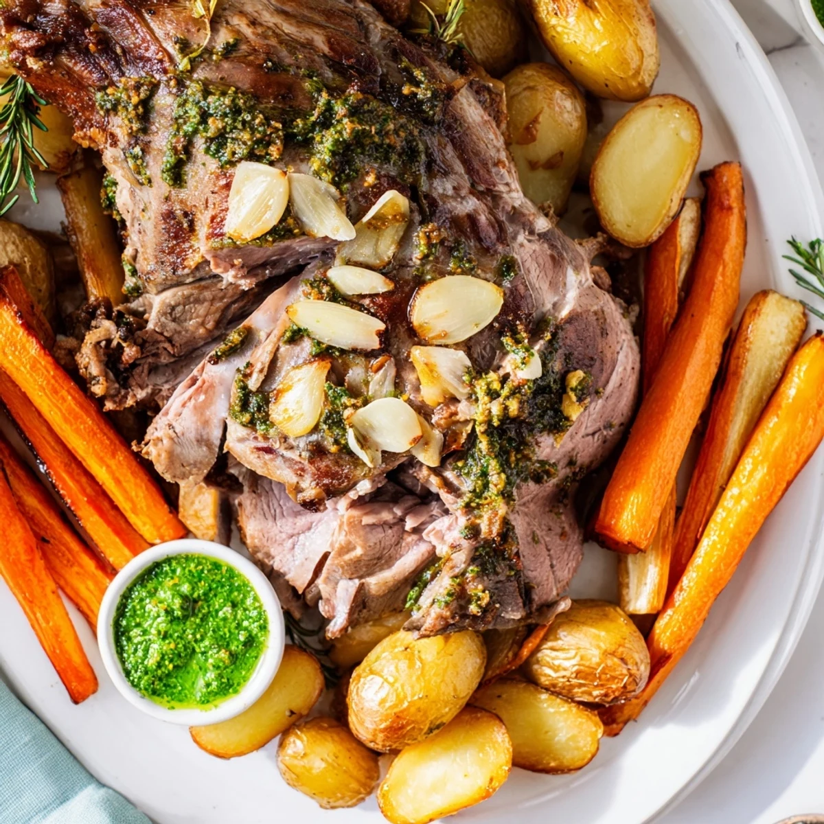 A family-style platter of roasted leg of lamb with mint sauce served with roasted carrots and potatoes.