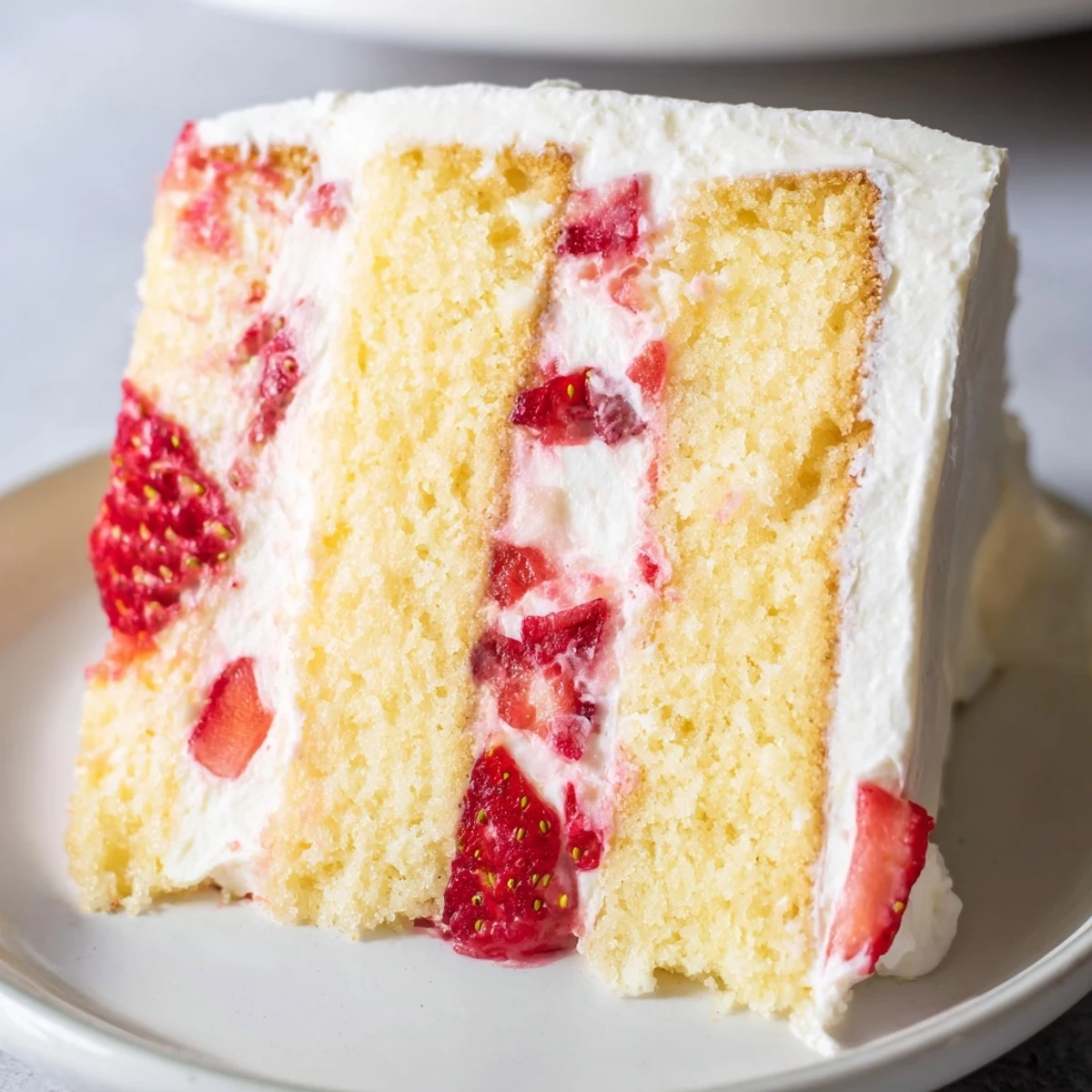 A slice of Strawberry Lemonade Layer Cake shows moist lemon sponge and bright strawberry filling with tangy frosting.
