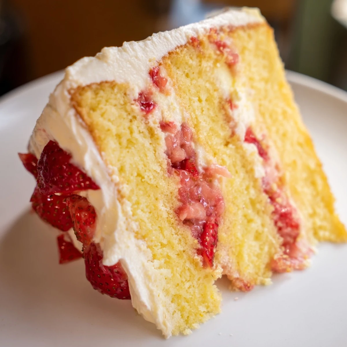 Moist lemon cake layers with pink strawberry filling and smooth lemon cream cheese frosting on a rustic plate.