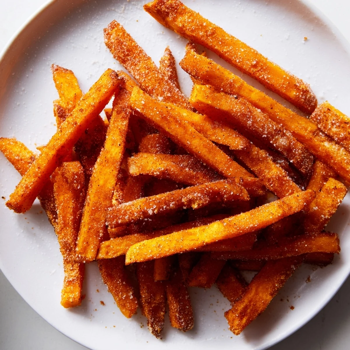 A close-up shot of Crispy Air Fryer Sweet Potato Fries on a plate, highlighting their crispy exterior texture.