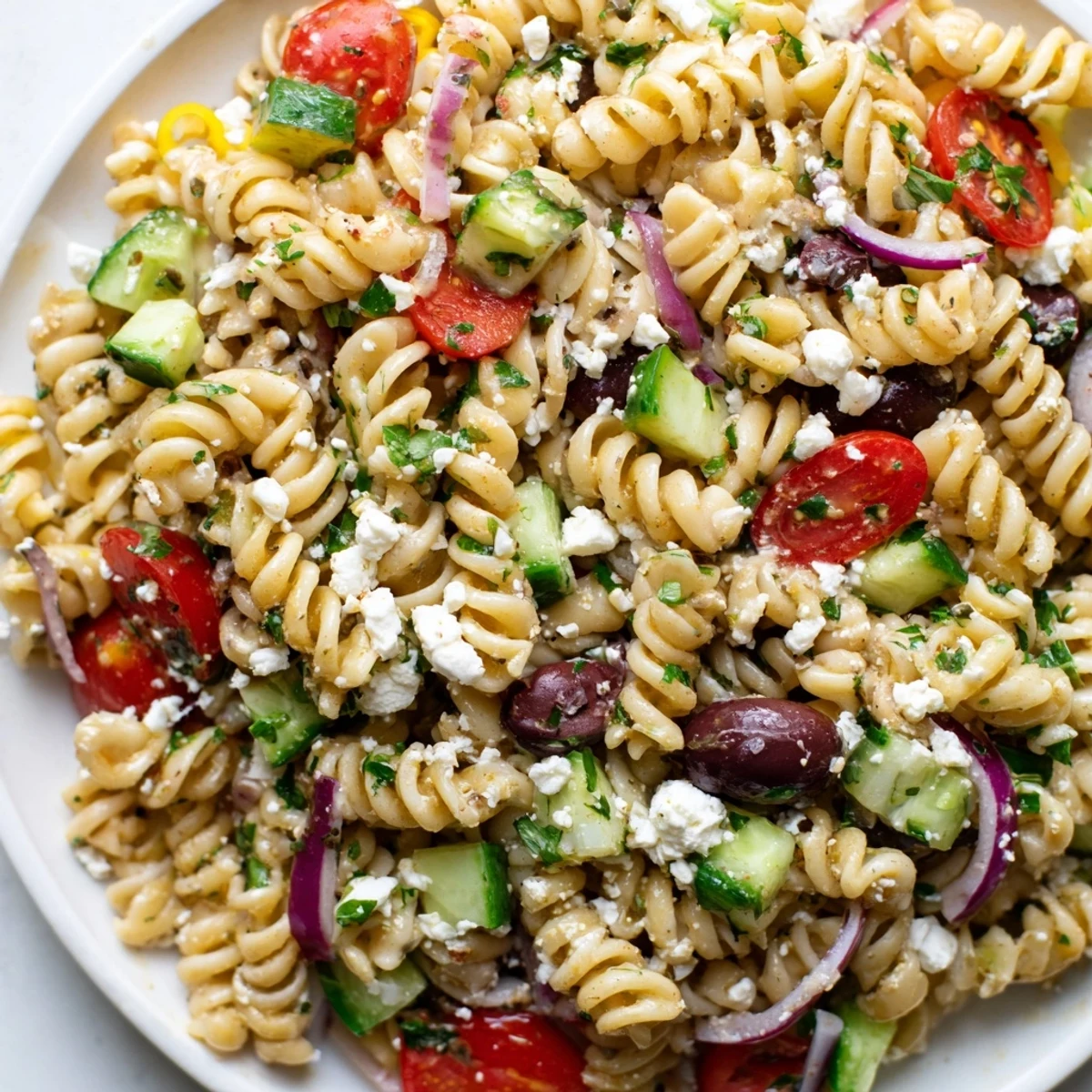A close-up of Mediterranean Pasta Salad with Olives, featuring shiny Kalamata olives, colorful cherry tomatoes, and crumbled feta over twisted fusilli pasta.